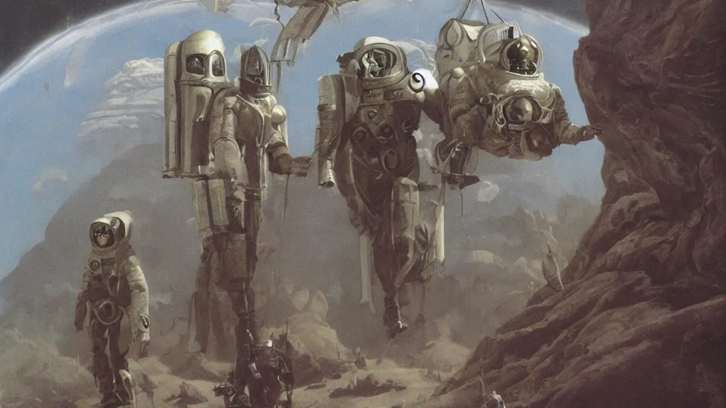 Image similar to organic spacesuit design by john schoenherr and jim burns, epic cinematic matte painting