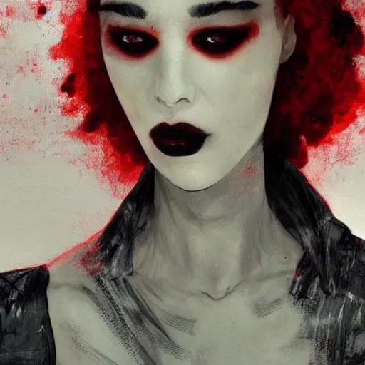 Image similar to lips sewn shut of a pelham puppet surrounded by red curtains by Conrad Roset and Nicola Samuri, medium shot, rule of thirds, seductive look, beautiful, intricate, dystopian, sci-fi, extremely detailed, digital painting, artstation, concept art, smooth, sharp focus, intimidating lighting, incredible art, details visible, very dark ambiance