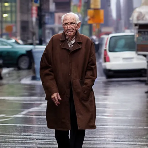 Prompt: an elderly man wearing a brown coat walks across the rainy streets of new york