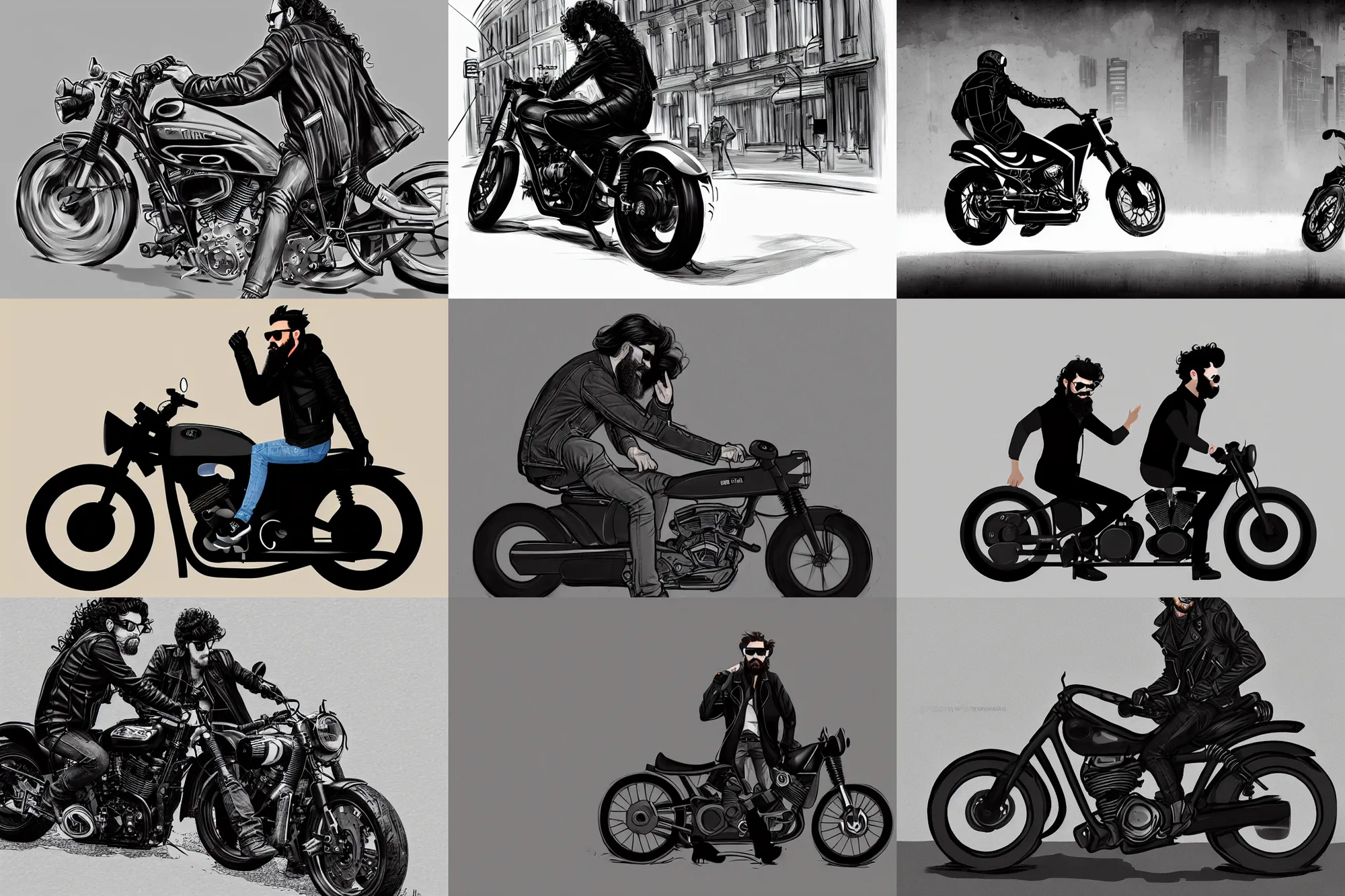Prompt: a male biker, jet black tuffle coat, motorbike, aviator shades, long wild black curly hair, beard, black jeans, looking from behind, riding, urban, digital illustration, artstation
