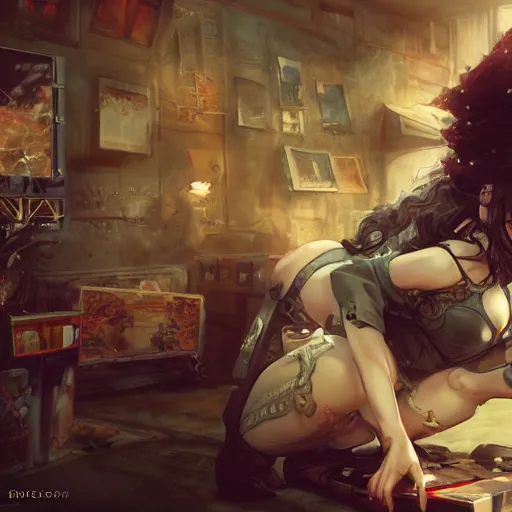 Image similar to goth woman playing videogames, tankoban, 4 k, tone mapping, akihiko yoshida, james jean andrei riabovitchev marc simonetti, yoshitaka amano, long hair, curly, h. hydrochaeri