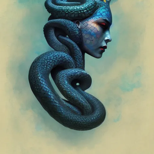 Image similar to queen of snakes, crown of snakes, blue skin, royal, by Anato Finnstark, Tom Bagshaw, Brom