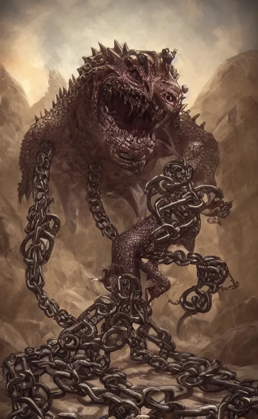 Image similar to bloated featherless large falcon-octopuss hybrid, dragon-like, large body, angry, chained up, chains, world of warcraft art style, wow cinematic cutscene, sand, desert ruins, lovecraftian, dnd, eldritchpunk, ink sketch by mark Harrison