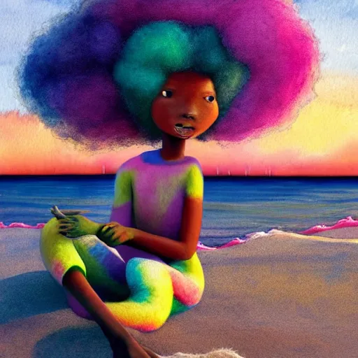 Prompt: a black girl with a colorful afro and rainbow eyes, relaxing on the beach at sunset, bright colours, watercolor, volumetric wool felting, macro photography, children illustration, by goro fujita