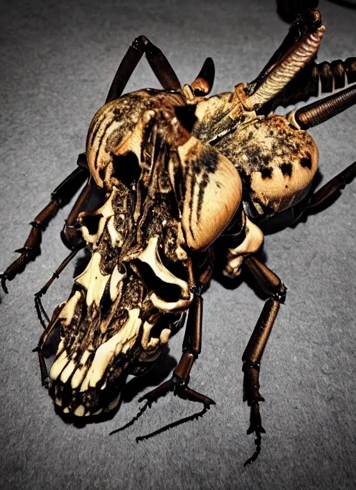 Image similar to hyper realistic photography of intricate bone skull insect lobster hybrid cinematic, symmetric detailed