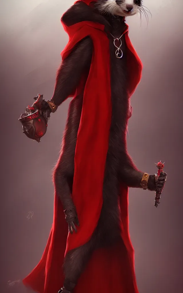 Image similar to a anthropomorphic ferret is a dark warlock dressed red robes, he's very menacing and evil, hyperdetailed, artstation, cgsociety, 8 k