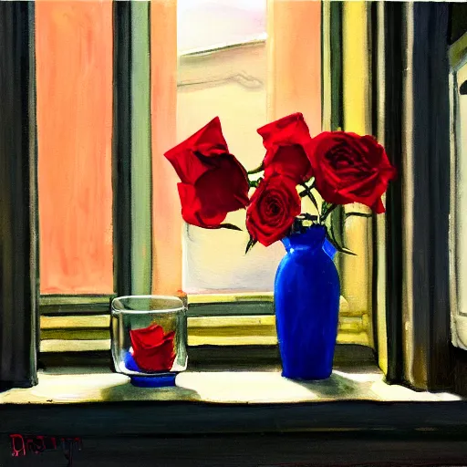 Image similar to A painting of a windowsill with two vases. One vase containing a red rose. And the other vase containing a blue violet. The natural light from the window would be shining in on the scene. Trending on artstation