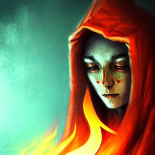 Image similar to ( a priestess with a hood that covers half her face carries an incense burner that emits a pleasantly colored flame. ) by anato finnstark, dream, full body portrait, dynamic lighting, beautiful, trending on artstation, wallpaper, 4 k, award winning, digital art, very detailed faces