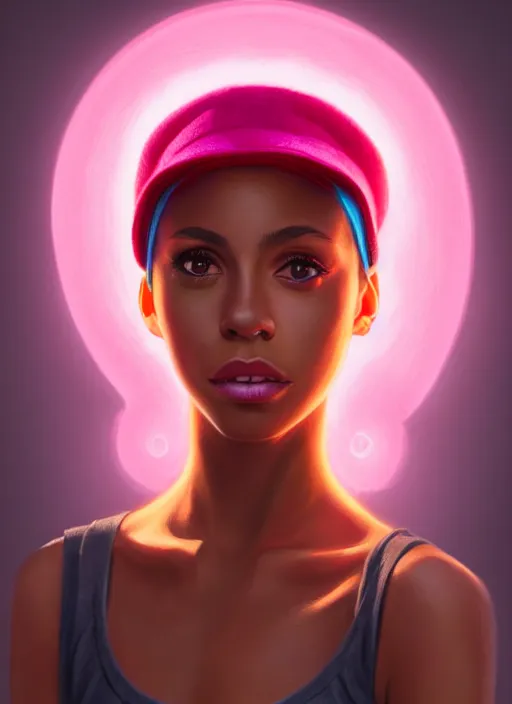 Image similar to portrait of teenage vanessa morgan with bright pink hair, black girl, vanessa morgan, curly pixie cut hair, wearing newsboy cap, newsboy cap, hoop earrings, intricate, elegant, glowing lights, highly detailed, digital painting, artstation, concept art, smooth, sharp focus, illustration, art by wlop, mars ravelo and greg rutkowski