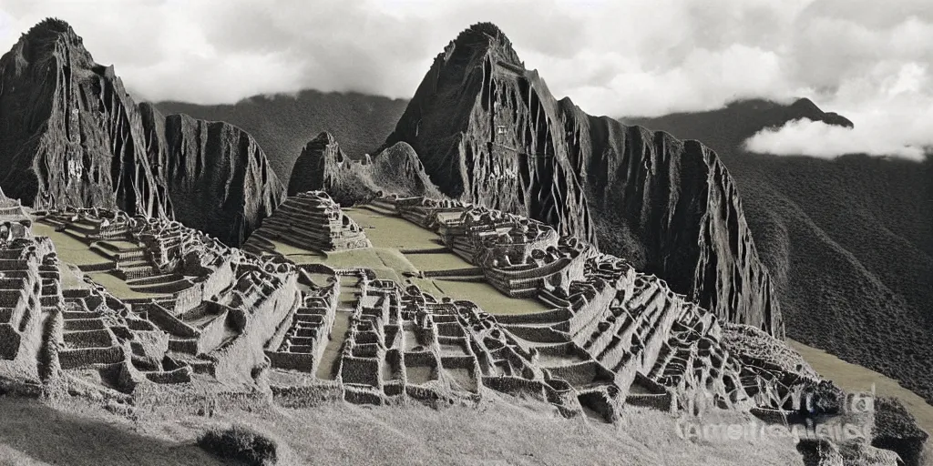 Image similar to lost city of the incas on the auyan tepui, vintage photograph, bw, by edward s curtis, realistic,