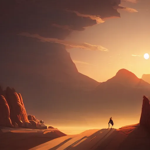 Image similar to sunset in the desert, fantasy art, illustration, animated film,, by roman shipunov, etienne hebinger, atey ghailan, cgsociety, cynical realism, fantasy art, 2 d game art