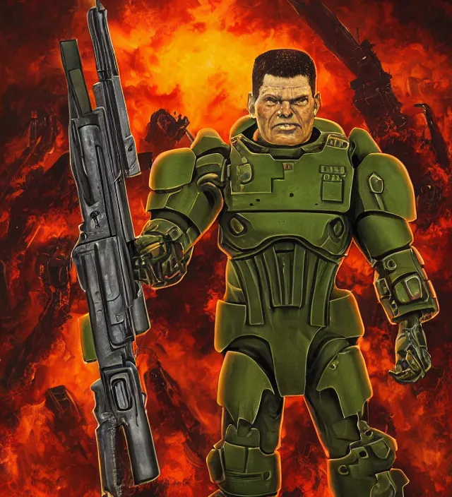 Prompt: classic doomguy standing on top of all the demons he has killed throughout the years, posing for the camera with his super shotgun, very detailed piece of art, 8k, trending on artstation