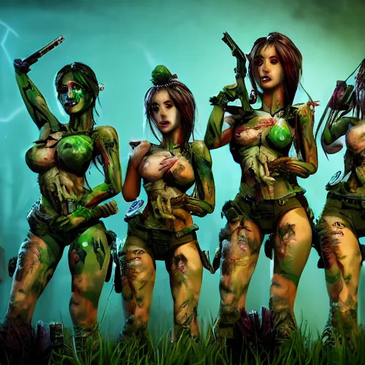 Prompt: squad of beautiful armed zombie girls in army of nurgl in fantasy forest, all filtered through a cybernetic lens, studio lighting, lit by flashing pixel light, cinematic lightning, medium shot, mid-shot, highly detailed, trending on artstation, Unreal Engine 4k, cinematic wallpaper