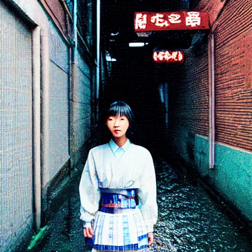 Image similar to 1990s perfect 8K HD professional cinematic photo of close-up japanese schoolgirl posing in sci-fi dystopian alleyway at morning during rain, at instagram, Behance, Adobe Lightroom, with instagram filters, depth of field, taken with polaroid kodak portra