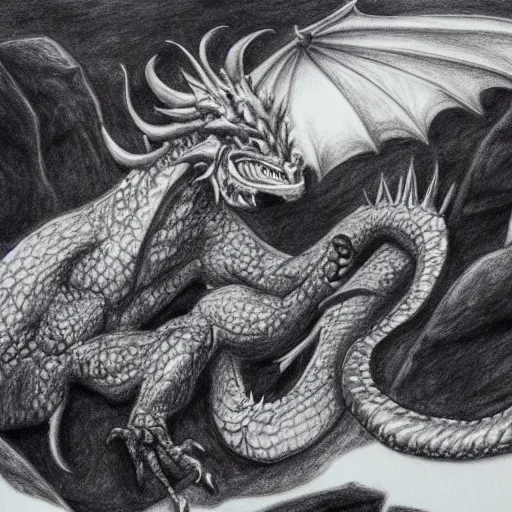 Image similar to epic dragon on a mountain drawing on paper, pencil drawing, extremly detailed, photorealistic, global illumination