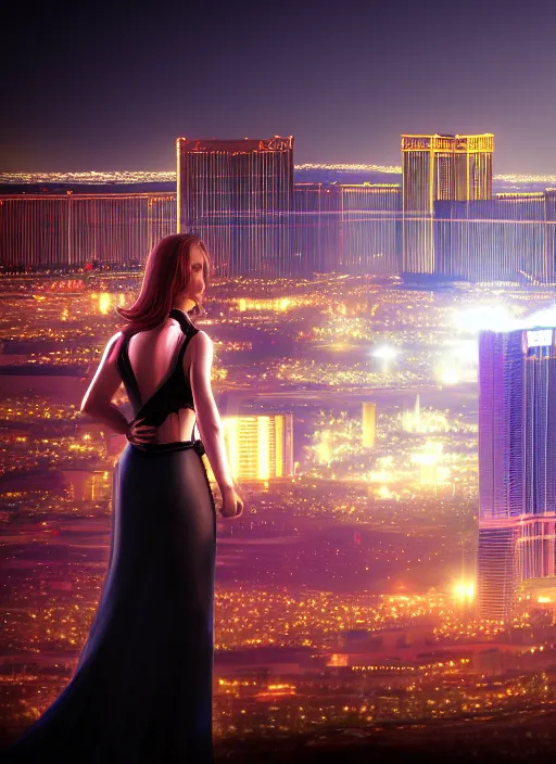 Image similar to full length portrait, duchess of blood, night shot of las vegas in background, highly detailed, CGsociety, subtle, concept art, HDR, hyper realistic, volumetric lighting, subsurface scattering, unreal