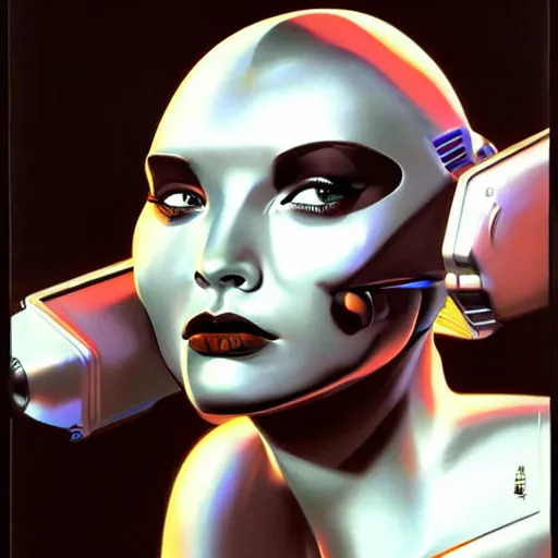 Image similar to female robot, facial portrait, by syd mead , airbrush, science fantasy