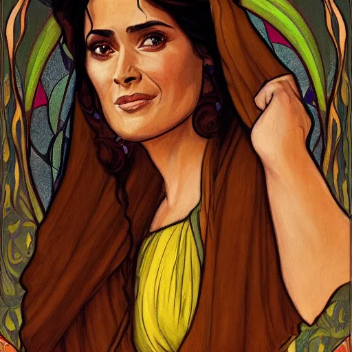 Image similar to salma hayek as esmerelda from the hunchback of notre dame, portrait, mucha style