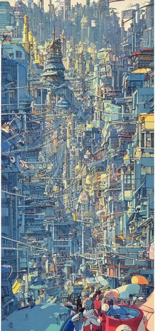 Image similar to downtown Solarpunk utopia, open city, clean streets, sharp and clear colors, optimistic, by studio ghibli and robert mccall