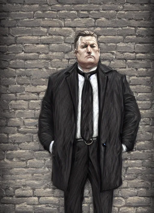 Image similar to a highly detailed illustration of 6 7 year - old clean - shaven chubby chubby chubby white man wearing black detective coat with necktie, heroic pose, brick wall background, intricate, elegant, highly detailed, centered, digital painting, artstation, concept art, smooth, sharp focus, league of legends concept art, wlop.