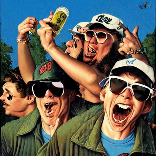 Prompt: wolves wearing sunglasses and backwards baseball caps, drinking beer and laughing, airbrush, rule of thirds, style of norman rockwell, style of richard corben, ultra sharp.