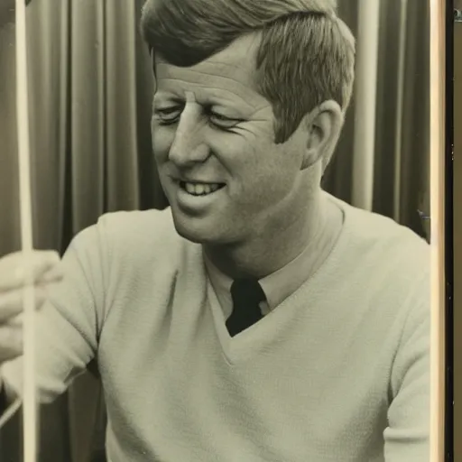 Image similar to 1 9 7 0 s vintage photograph of kennedy using an ipad, very detailed, very intricate,