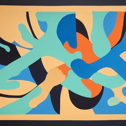 Prompt: A painting of two hands reaching out of a river, abstract painting in the style of Sophie Taeuber-Arp and Gary Hume and Tatsuro Kiuchi, flat colour-block style, geometric abstraction, earthy light pastel colours