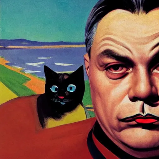 Prompt: highly detailed propaganda poster portrait of the leader of fascist hungary, viktor orban with cat facepaint, looking into the distance, by edward hopper