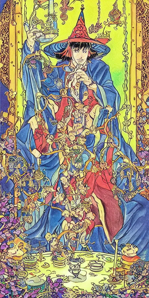 Prompt: a mystical man with a goblet on the table, wizard hat, drawn by Naoko Takeuchi, impressive line work, tarot card. tarot card the magician, psychedelic, intricate, detailed, full color