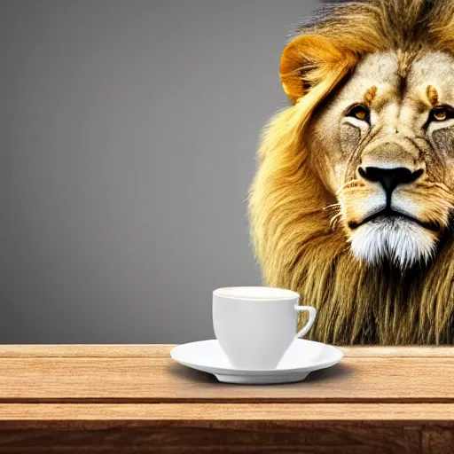 Prompt: a lion sitting on a table with a cup leaking coffee on the table next to him.