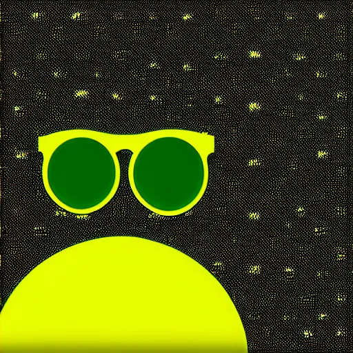 Prompt: minimalist digital art of sunglasses made of green small dots, black background
