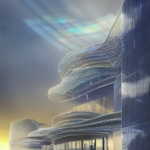 Image similar to intricately patterened modern architecture concept computer world still shining through faintly rainbow led lights, beautiful surreal scenery artwork pixiv. gigantic architectural modern design node network of cloud computing soul dust. unthinkable dream cloud computer infinites. sublime god lighting, sun rays, cold colors. insanely detailed, artstation!! pixiv!! infinitely detailed