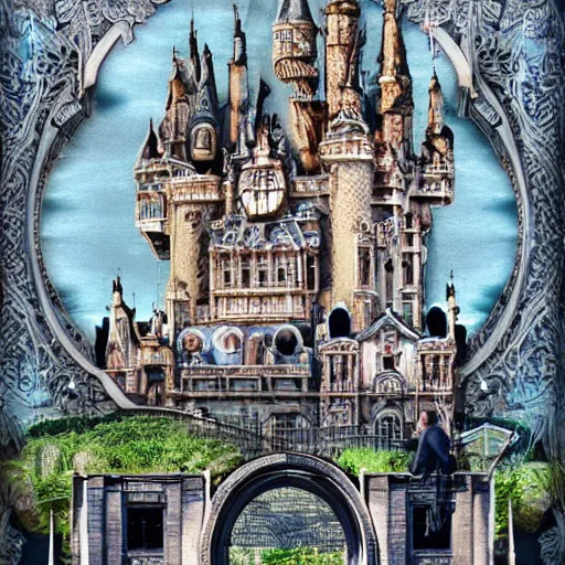 Prompt: a modern futuristic architecture castle along a river. hyperdetailed people walking on a bridge. mixed media collage, victorian baroque embroidery rich maximalist fabric textures, shiny pastel tones. matte background. HD 8x