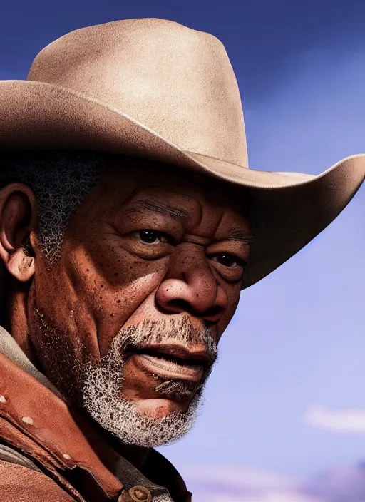 Image similar to an film still of morgan freeman as cowboy with beard, western background unreal engine. amazing likeness. very detailed.