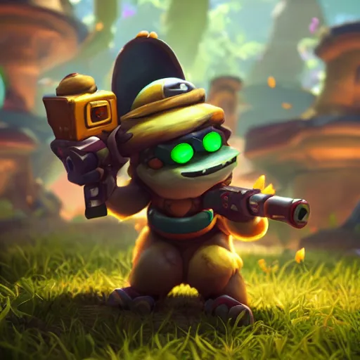 Image similar to teemo is the newest overwatch character, shooting a poison dart, poison mushrooms, octane render, blender render, unreal engine, standing pose, cinematic lighting, symmetrical