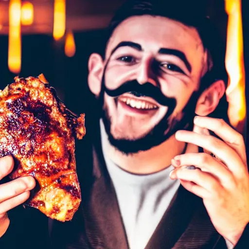 Prompt: man with guy fawkes mask eating pork chop