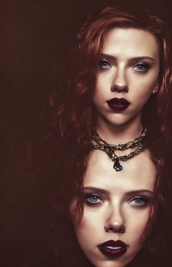 Prompt: soft lighting closeup portrait of young sexy scarlett johansson long hair wearing gothic fashion outfit, rembrandt lighting, rembrandt painting,