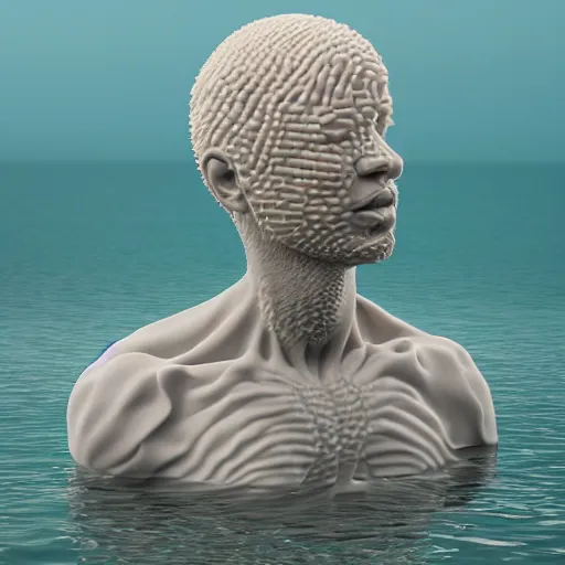 Prompt: a sculpture made of water in the shape of a human head, on the ocean water, water manipulation, behance, cinematic, in the style of johnson tsang, long shot, hyper detailed, hyper realistic, ray tracing, 8 k resolution, sharp focus, realistic water