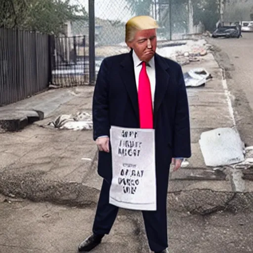 Image similar to donald trump dressed as a homeless man living in the slums