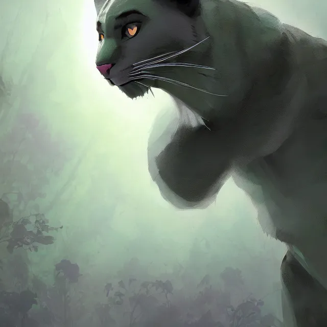 Image similar to a beautiful painting of a handsome anthropomorph gray panther furry fursona. green fog. disney character design by cory loftis, fenghua zhong, ryohei hase, ismail inceoglu and ruan jia. artstation, volumetric light, detailed, photorealistic, rendered in octane