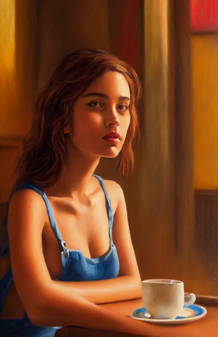 Image similar to a portrait of a beautiful girl sitting in a cafe, cuban setting, warm colors, soft lighting, atmospheric, cinematic, moody, in the style of diego koi, gina heyer, luiz escanuela, art by alyssa monk, hyperrealism, rule of thirds, oil on canvas, 8 k