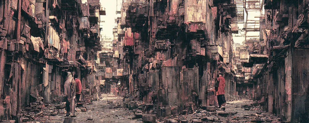 Prompt: digital painting, speedpainting, wideangle view of an alley in kowloon walled city, dirty, decaying, evening, cinestill, art by syd mead