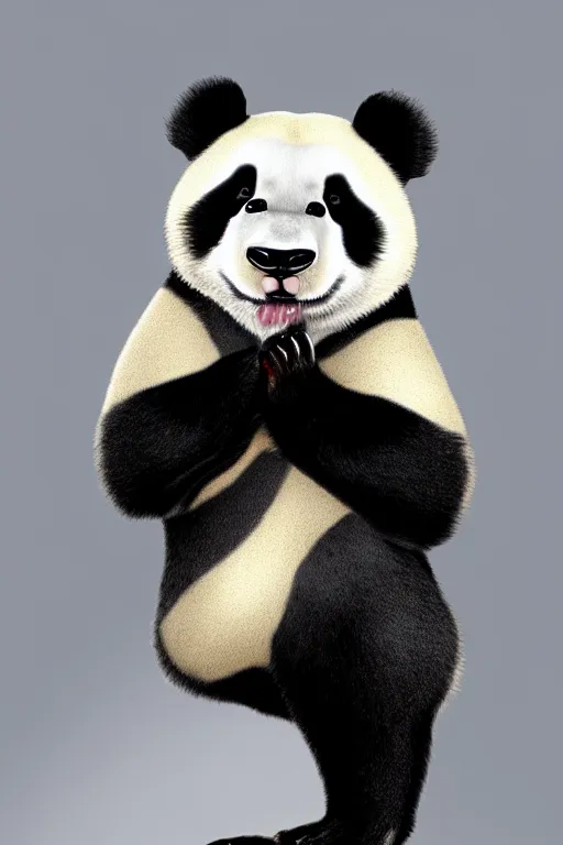 Image similar to a portrait of a biomorphic panda wearing high fashion clothes and jewelry looking at the camera