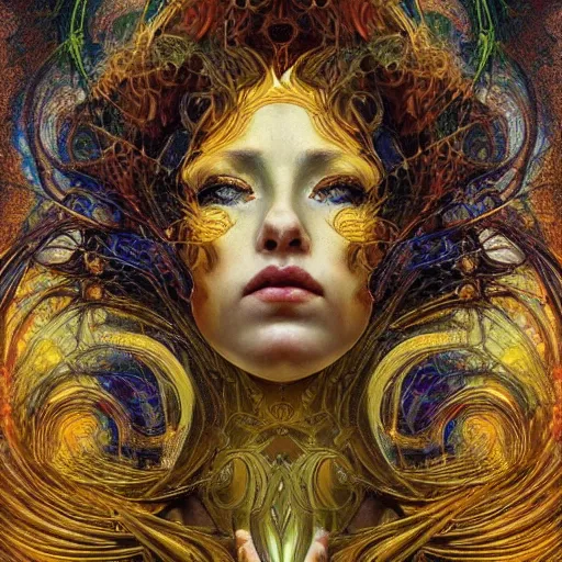 Prompt: Divine Chaos Engine by Karol Bak, Jean Deville, Gustav Klimt, and Vincent Van Gogh, beautiful visionary mystical portrait, sacred, otherworldly, fractal structures, Surreality, SpiralDee, ornate gilded medieval icon, third eye, spirals