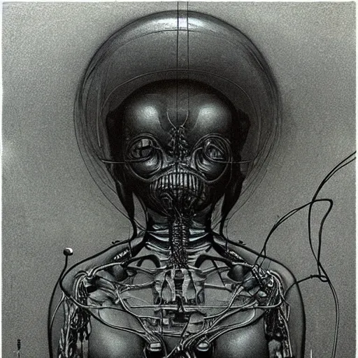 Image similar to alien kept in a holding tank, wires hooked up to body, dark and mysterious science lab, highly detailed beksinski painting