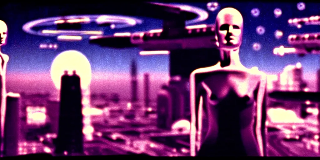Prompt: american total portrait, low angel, shot of a space station at night, cyber punk, set design by Ed Wood, cinematography by Jim Jarmusch, composition by Hale Woodruff, soundtrack by Kraftwerk, background by Moebius.