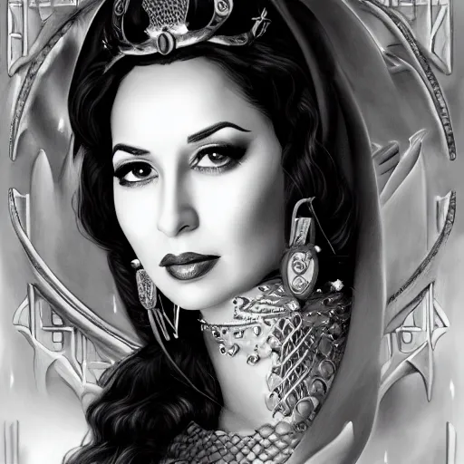 Prompt: a detailed fantasy character portrait of faten hamama as goddess of noir films by lauri blank, artgerm, evelyn de morgan, 8K, 50mm lens