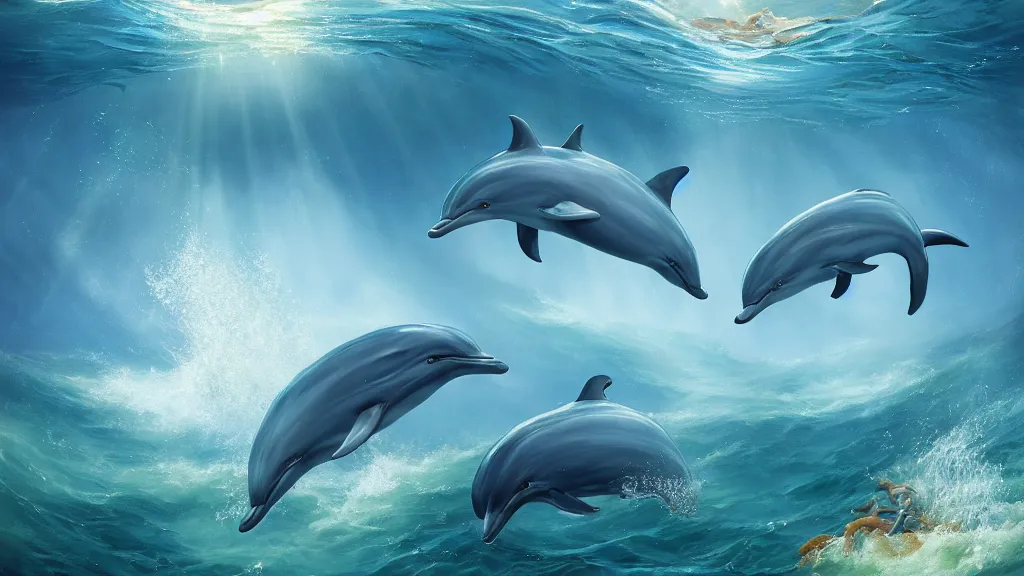 Prompt: dolphins swimming underwater, harmony, peaceful, amazing, by andreas rocha and john howe, and Martin Johnson Heade, featured on artstation, featured on behance, golden ratio, ultrawide angle, f32, well composed