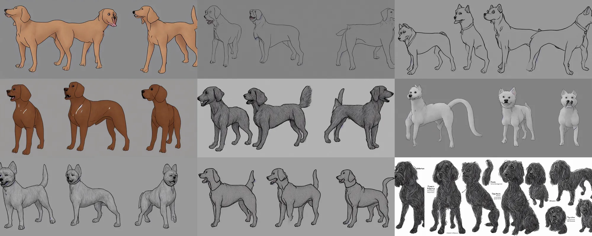 Prompt: a reference sheet for a dog including a front and side view