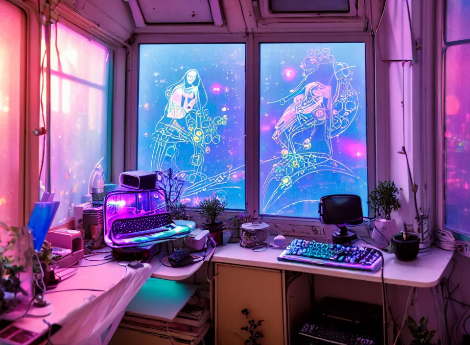 Prompt: telephoto 7 0 mm f / 2. 8 iso 2 0 0 photograph depicting the experience of dreamstate in a cosy cluttered french sci - fi ( art nouveau ) cyberpunk apartment in a pastel dreamstate art cinema style. ( iridescent terrarium, computer screens, window, leds, lamp, ( ( ( bed ) ) ) ), ambient light.